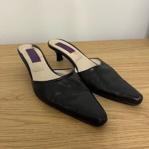 Vintage Womens Black Leather Mules Kitten Heel